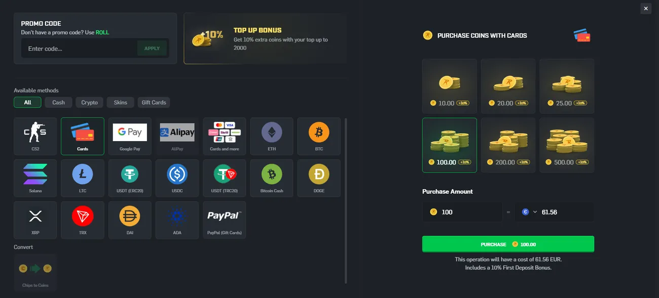 CSGORoll: Cashier with a promo field