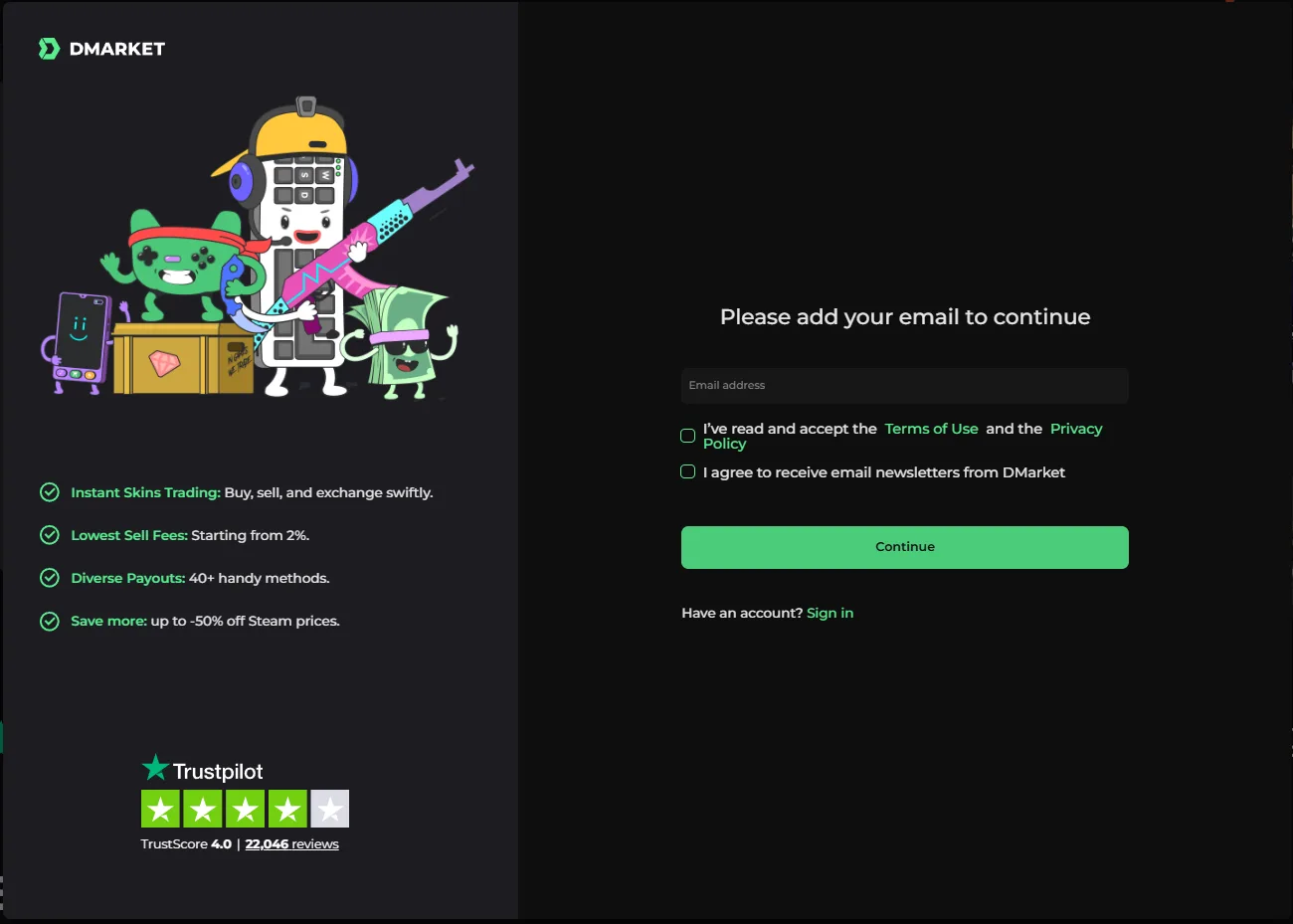 DMarket: Sign-up form