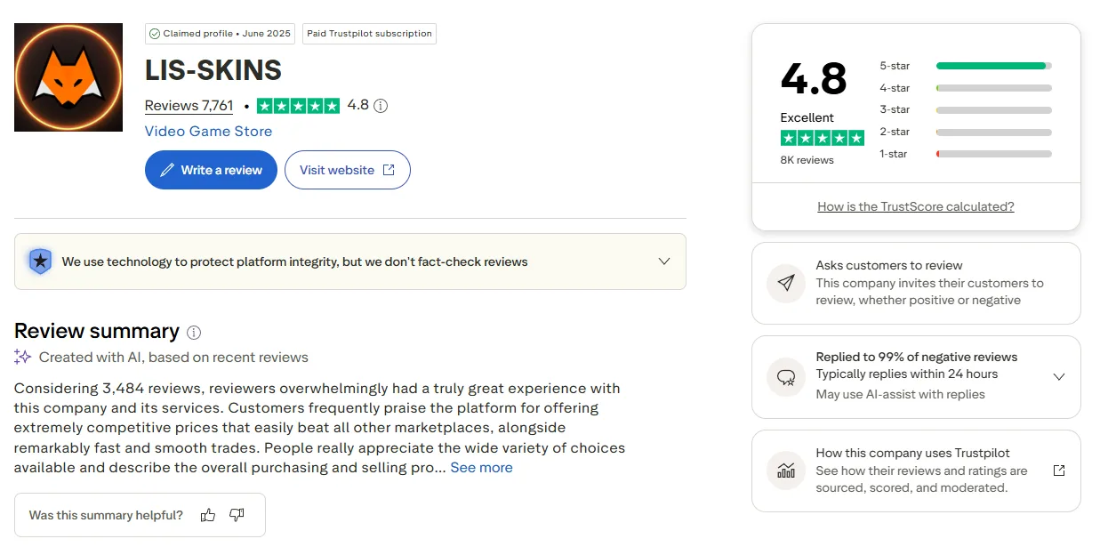 Lis-Skins: Trustpilot profile