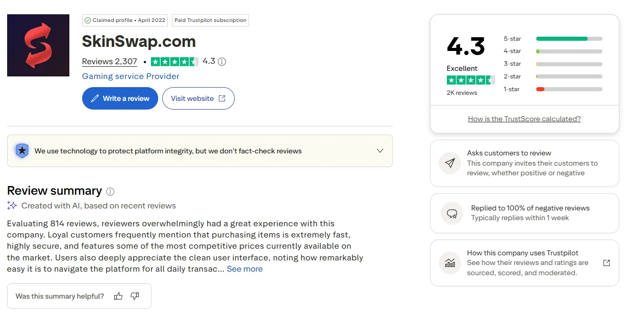 SkinSwap: Trustpilot profile