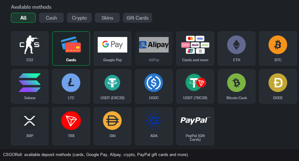 CSGORoll deposit methods