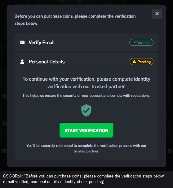 Verification step before buying coins