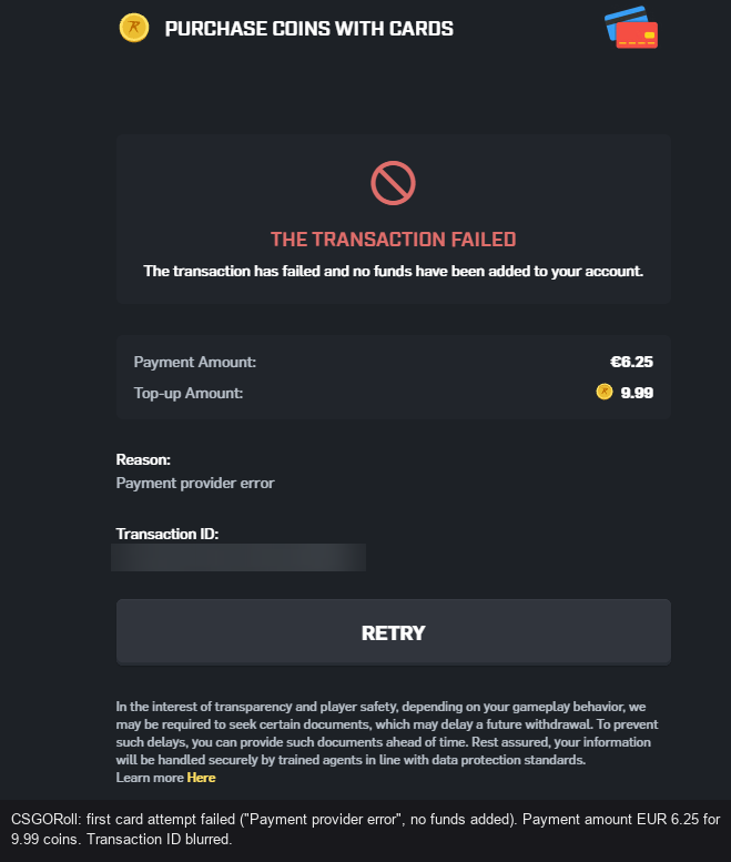 Failed card payment
