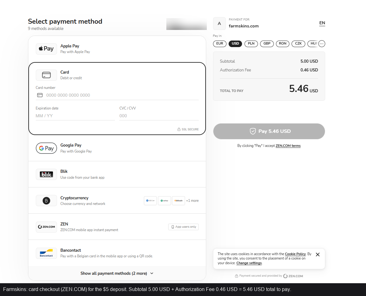 Farmskins: ZEN card checkout, 5.46 USD total with a 0.46 fee