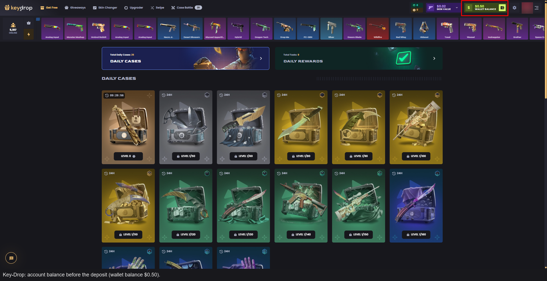 Key-Drop: wallet balance $0.50 before the deposit