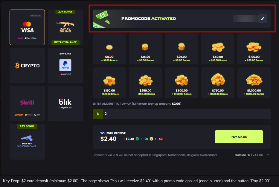 Key-Drop: $2 card deposit page; with a promo code applied it shows "You will receive $2.40" and the button "Pay $2.00"