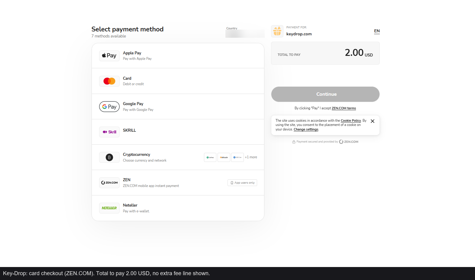 Key-Drop: ZEN.COM checkout, Total to pay 2.00 USD, no fee line