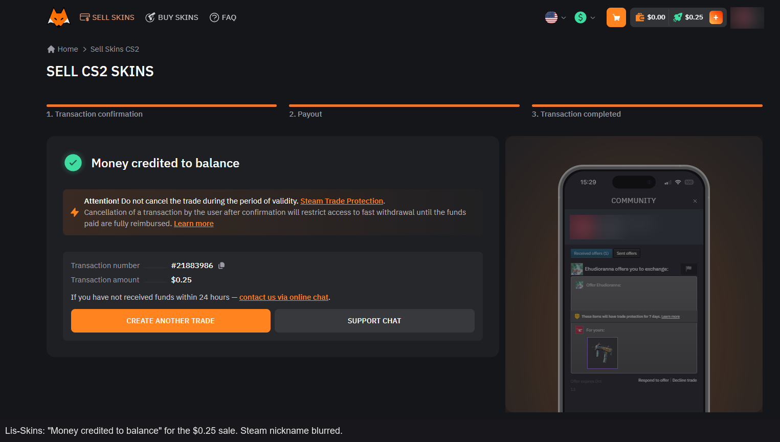 Lis-Skins: the "Money credited to balance" page after the $0.25 sale. Nickname blurred