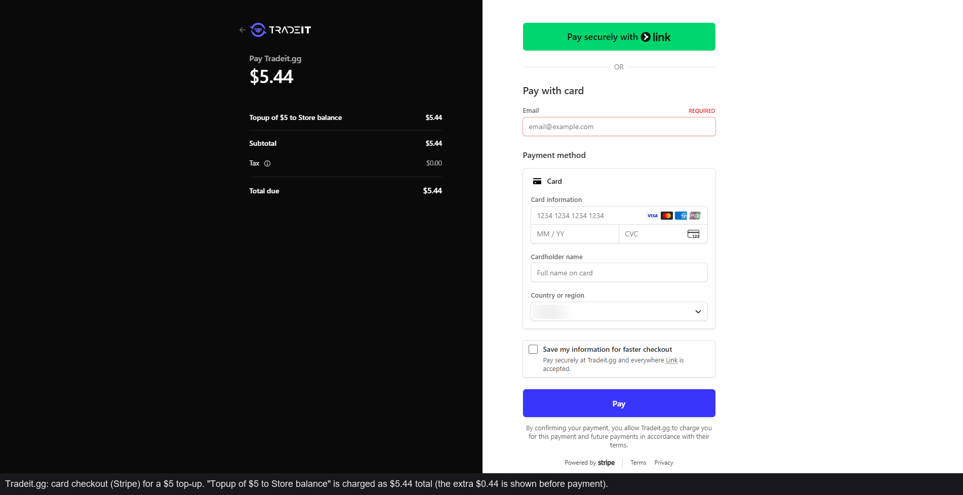 Card checkout: $5.44 for a $5 top-up