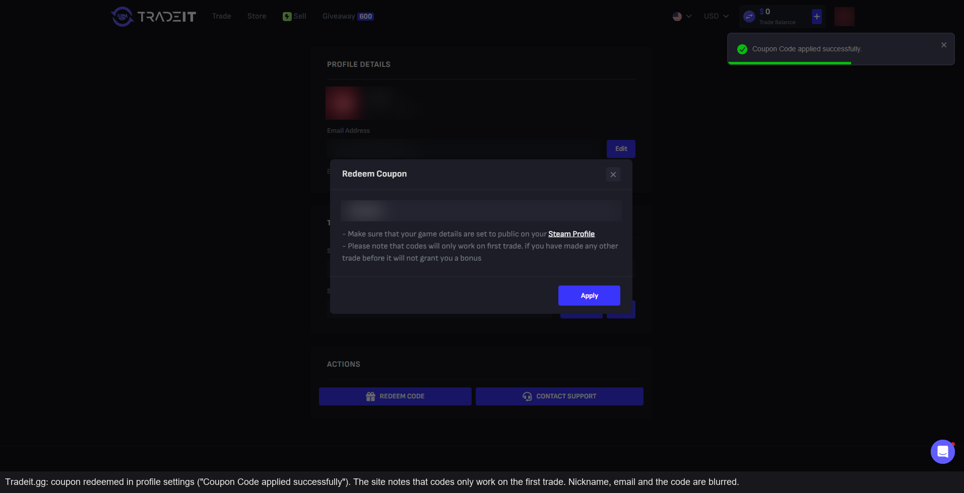Coupon applied in the profile